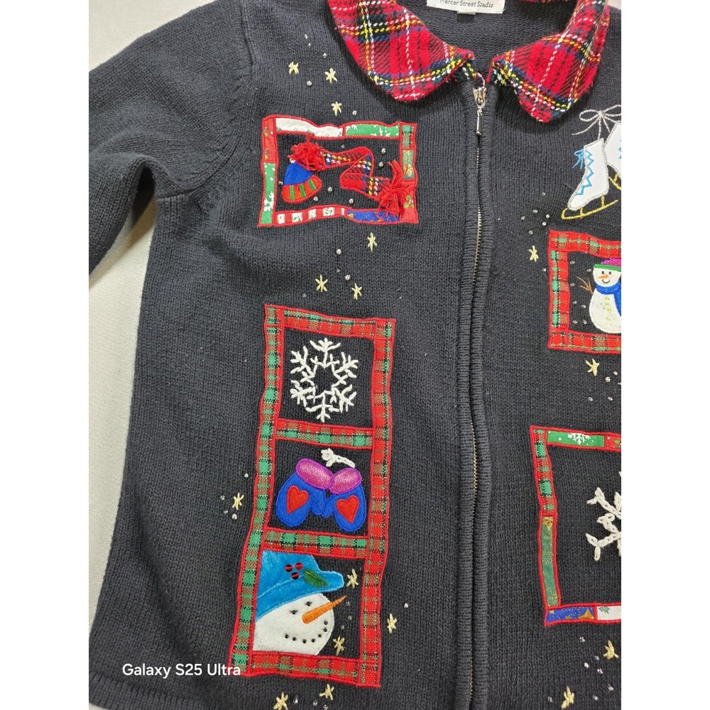 Mercer Street Studio Full Zip Cardigan Small Snowman Mittens Ice Skate Christmas - Picture 3 of 11